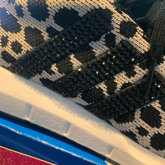 Adidas Swift Run Black Carbon Leopard Blinged Out Sneakers - Picture 2 of 5